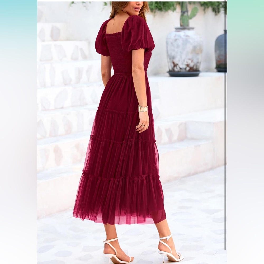 Smocked Tulle Midi Dress | 2025 Summer | Square Neck | Puffy Short Sleeve - Picture 7 of 7
